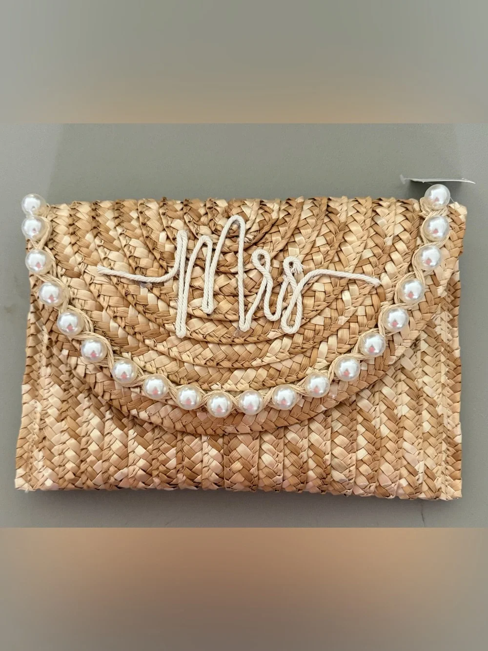 MRS Woven Pearl-Trim Clutch - Natural Straw